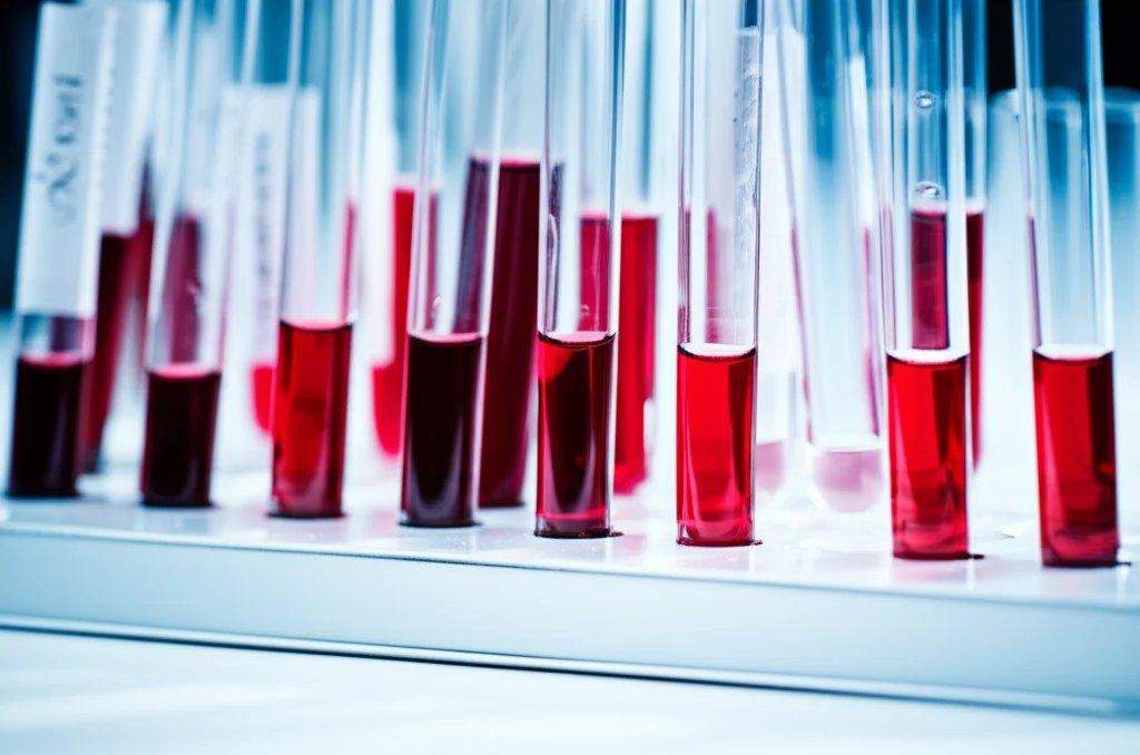 Impostazione di laboratorio, primo piano su tubi di prova contenenti campioni di sangue analizzati per livelli di ioni metallici, lenti macro 70 mm, dettagli elevati, illuminazione controllata, concentrarsi sulla separazione liquida.