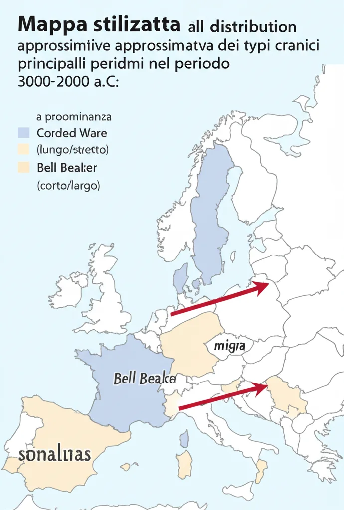 Mappa stilizzata dell'Europa che mostra graficamente la distribuzione approssimativa dei tipi cranici principali nel periodo 3000-2000 a.C.: aree a predominanza Corded Ware (lungo/stretto) e aree Bell Beaker (corto/largo). Sovrapposta, una freccia indica la migrazione dalle steppe. Stile infografica chiara e moderna.