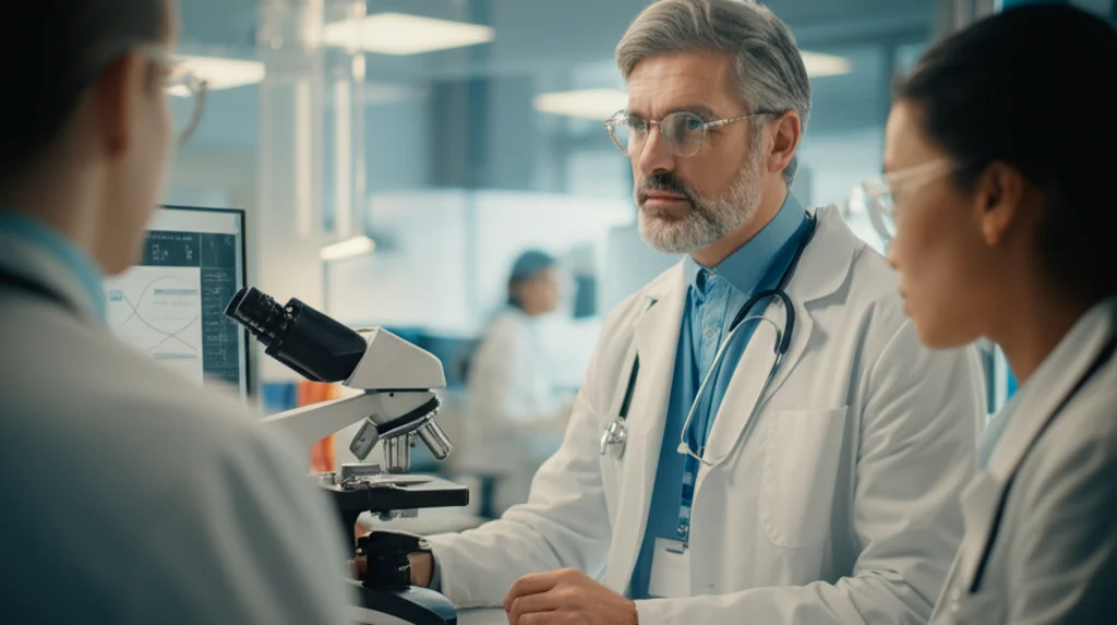 Fotografia di ritratto di un gruppo eterogeneo di professionisti sanitari che collaborano in un moderno laboratorio, discutendo risultati su uno schermo che mostra grafici, obiettivo 35mm, profondità di campo, luce naturale soffusa, rappresentando la ricerca medica e la cura del paziente.