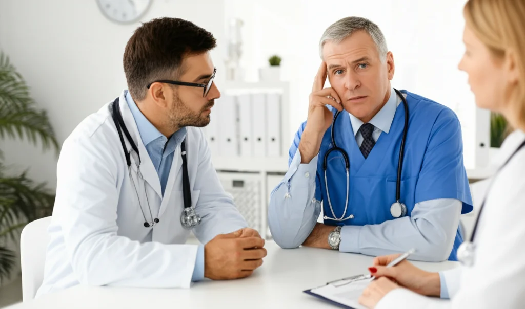 Fotografia di ritratto, lente da 35 mm, paziente preoccupato ma pieno di speranza che discutono dei risultati con un medico in un ufficio clinico luminoso, profondità di campo, illuminazione naturale.