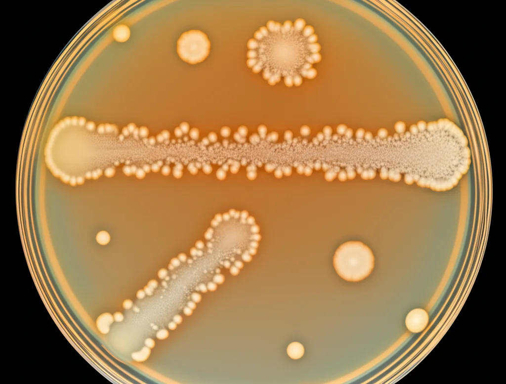 Microbiologia: Piastra di Petri con colonie batteriche isolate da un campione fecale umano, vista macro con lente da 90mm, illuminazione controllata da laboratorio, alta definizione dei dettagli delle colonie biancastre su terreno di coltura scuro.