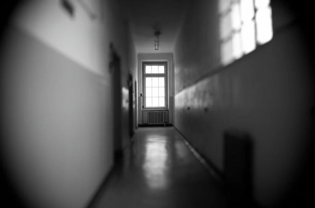 Ritratto fotografico in bianco e nero di un corridoio vuoto e leggermente cupo di un istituto psichiatrici forense, luce soffusa proveniente da una finestra in fondo, obiettivo 35mm, profondità di campo ridotta per focalizzare sulla sensazione di isolamento e riflessione interiore.