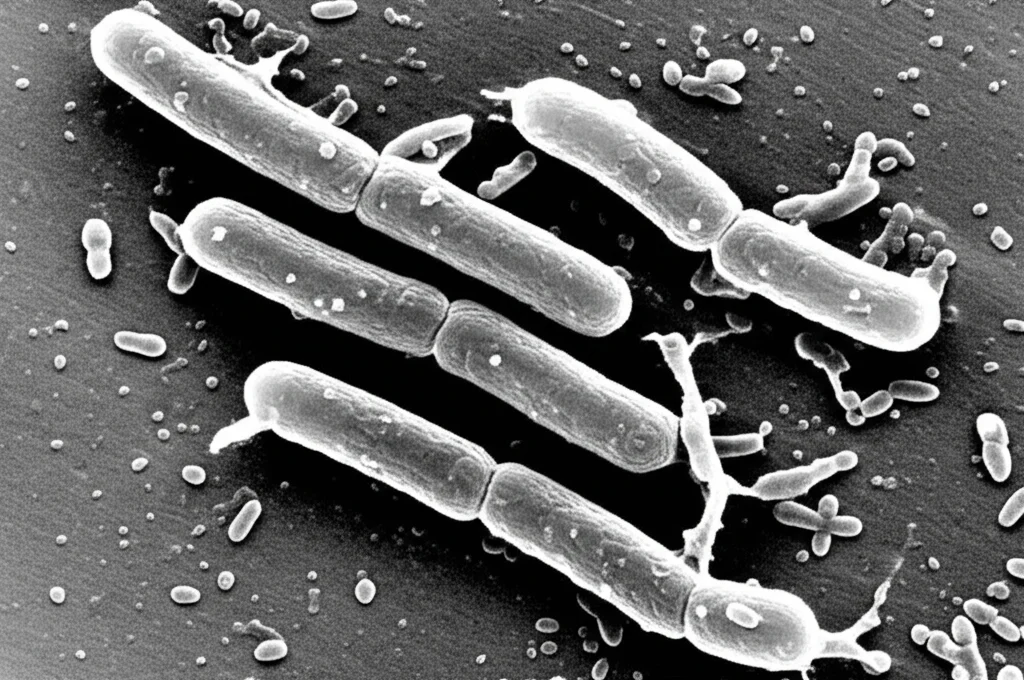 Microscopia Elettronica a Scansione (SEM) di batteri Bacteroides maternus a forma di bastoncello, alta risoluzione, dettagli della superficie cellulare, visualizzazione scientifica, bianco e nero.