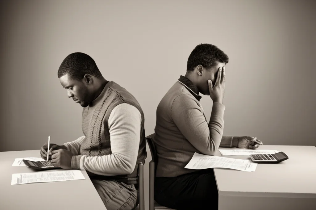 Una coppia afroamericana e una coppia bianca, entrambe a basso reddito, sedute a tavoli separati con calcolatrici e moduli fiscali (modulo EITC visibile), espressioni preoccupate. Fotografia ritrattistica, obiettivo 35mm, toni bicromatici seppia e grigio scuro, profondità di campo accentuata per isolare le coppie.