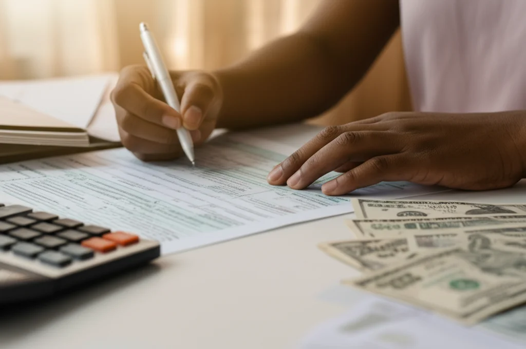 Primo piano sulle mani di una persona afroamericana che compilano attentamente una dichiarazione dei redditi statunitense (modulo 1040, sezione EITC), con una calcolatrice e alcune banconote sparse accanto. Fotografia di oggetti, obiettivo macro 60mm, messa a fuoco precisa sui numeri del modulo, illuminazione da studio calda.