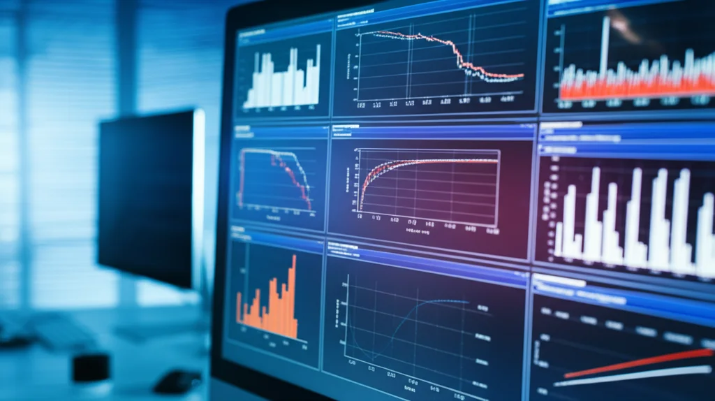 Visualizzazione grafica astratta di dati medici su uno schermo di computer in un ambiente di ricerca clinica, con curve di sopravvivenza e statistiche, profondità di campo, luce soffusa, obiettivo prime 35mm.