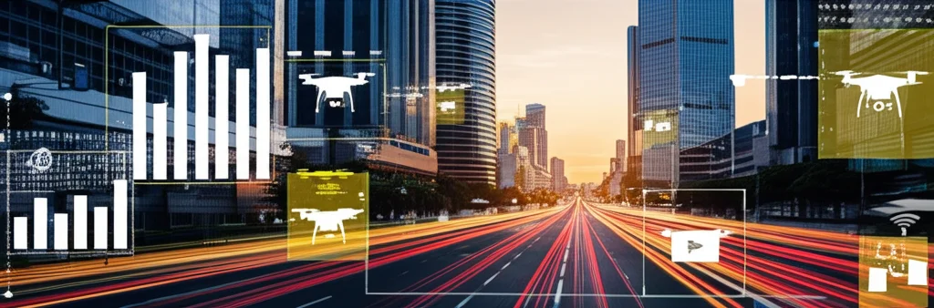 Fotografia grandangolare 10mm di un paesaggio urbano futuristico al tramonto, con droni e veicoli autonomi in movimento. Sovrapposizioni grafiche luminose indicano oggetti rilevati con alta precisione da sistemi di visione avanzati come TCAINet. Lunga esposizione per scie luminose, messa a fuoco nitida sull'intera scena.