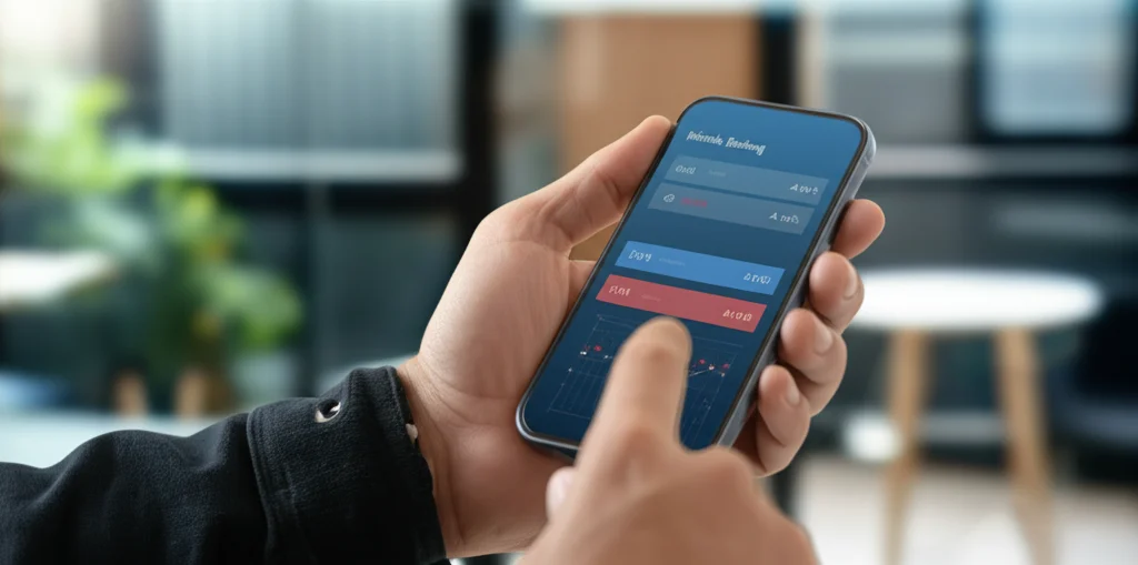 Primo piano di una mano che tiene uno smartphone visualizzando un'app di mobile banking con grafici e numeri finanziari. Luce naturale morbida, obiettivo prime 50mm, profondità di campo che sfoca leggermente lo sfondo di un ufficio moderno.