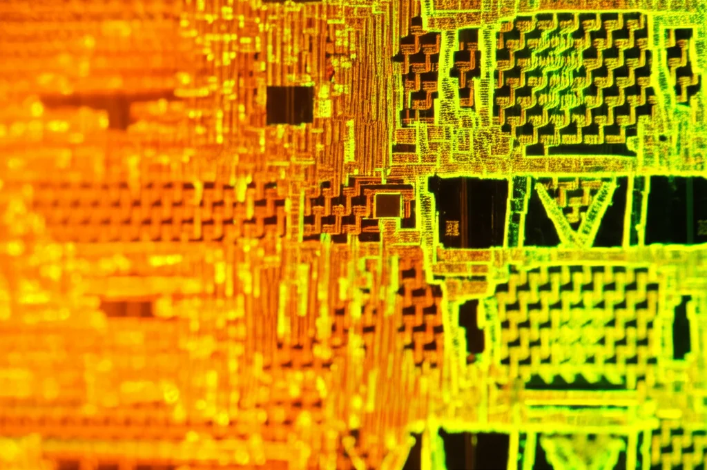 Macro fotografia di un wafer di silicio accanto a un fiocco cristallino di MoS2 su un substrato, illuminazione controllata per evidenziare la struttura atomica sottile del materiale 2D, lente macro 100mm, alta definizione, messa a fuoco precisa.