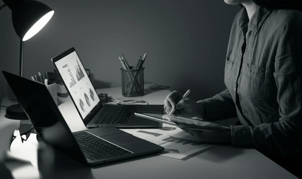 Una persona seduta a una scrivania luminosa, concentrata sull'analisi di dati finanziari su un laptop e un tablet contemporaneamente. Illuminazione controllata da studio, obiettivo 35mm, bianco e nero con alto contrasto per enfatizzare la concentrazione.