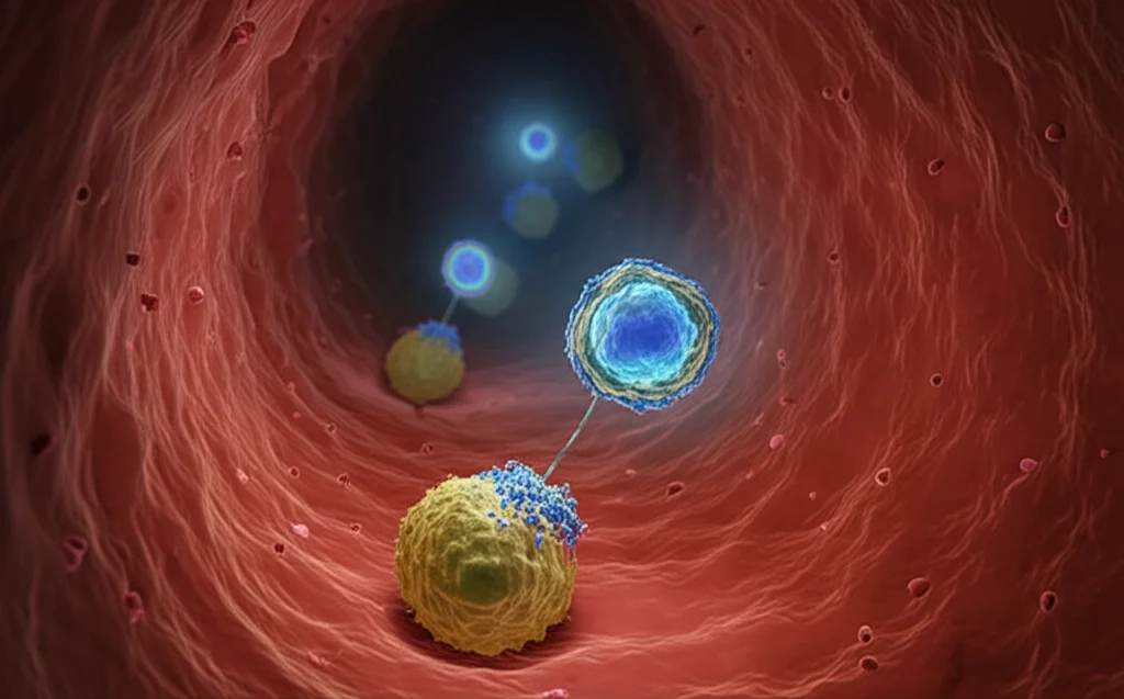 Illustrazione medica dettagliata di cellule CAR-T (in blu brillante) che si legano e attaccano cellule leucemiche B (in giallo/verde) in un vaso sanguigno, sfondo scuro, illuminazione drammatica, obiettivo macro 90mm, alta definizione.
