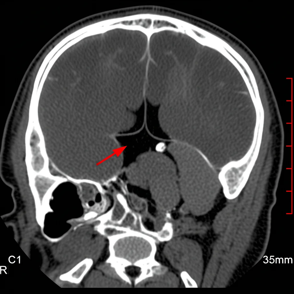 Immagine di angiografia TC (CTA) che mostra un effetto di contrasto puntiforme (indicato da freccia rossa virtuale) sulla superficie anteriore sinistra del midollo spinale cervicale C1. Prime lens, 35mm, alta definizione, illuminazione diagnostica.