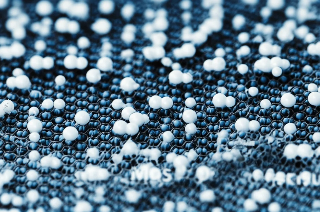 Visualizzazione artistica ma fotorealistica di atomi di Cadmio (Cd) che si depositano ordinatamente su una superficie di MoS2, formando un'interfaccia van der Waals pulita, stile microscopia elettronica a trasmissione (STEM) simulata, colori tenui blu e grigio duotone, profondità di campo ridotta.