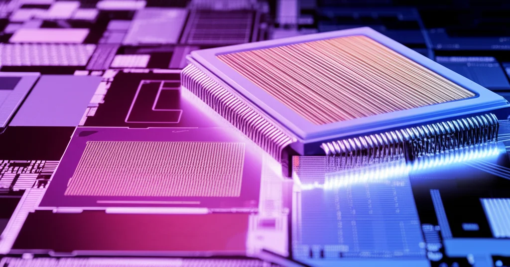 Grafico stilizzato ma fotorealistico che mostra curve caratteristiche I-V eccezionali di un transistor 2D, sovrapposto a un'immagine di un chip microelettronico avanzato, illuminazione high-tech, dettagli nitidi, focus sulla performance.