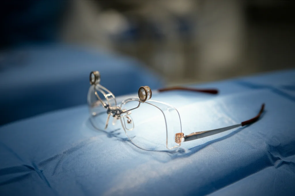 Primo piano di occhiali protettivi al piombo appoggiati su un camice medico sterile blu in una sala di radiologia interventistica, luce controllata e focalizzata sugli occhiali, obiettivo macro 90mm, alta definizione dei dettagli del piombo e del tessuto del camice.