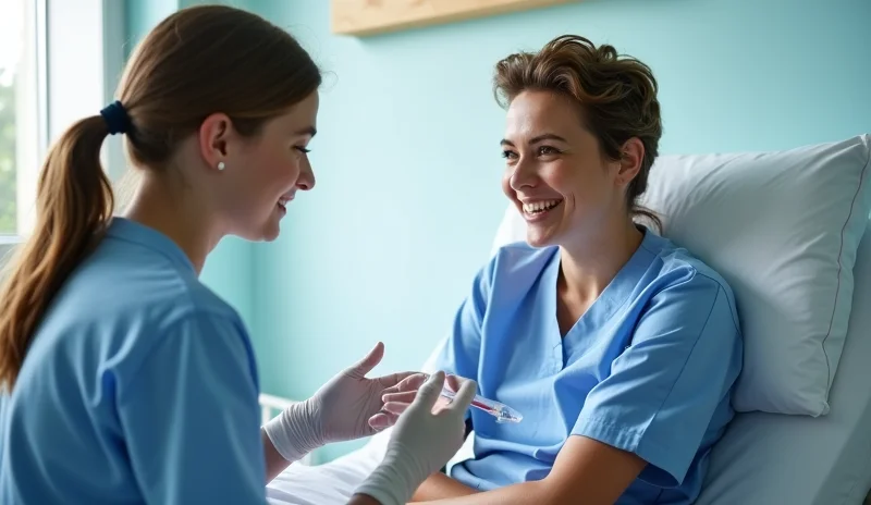 Ritratto fotografico di un'infermiera sorridente che controlla una flebo accanto a un giovane paziente adolescente in un letto d'ospedale, luce naturale dalla finestra, obiettivo prime 50mm, profondità di campo media, atmosfera positiva e rassicurante.