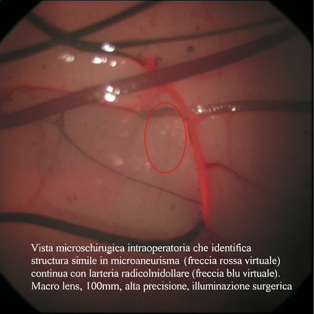 Vista microchirurgica intraoperatoria che identifica una struttura simile a un microaneurisma (freccia rossa virtuale) continua con l'arteria radicolomidollare (freccia blu virtuale). Macro lens, 100mm, alta precisione, illuminazione chirurgica.