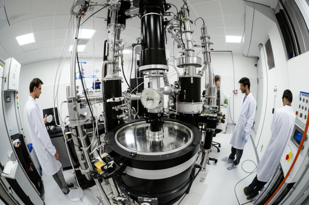 Fotografia grandangolare di un moderno laboratorio di ricerca sui nanomateriali, con scienziati (figure sfocate sullo sfondo) che lavorano su apparecchiature CVD e di caratterizzazione, luce ambientale controllata, messa a fuoco nitida sulle apparecchiature in primo piano, obiettivo grandangolare 24mm.