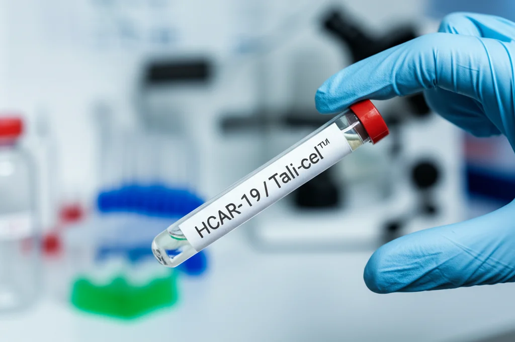 Fotografia macro di una fiala di vetro trasparente etichettata 'HCAR-19 / Tali-cel™' tenuta delicatamente tra le dita guantate di un ricercatore in un laboratorio sterile, illuminazione precisa, obiettivo macro 100mm, alta definizione, sfondo sfocato con attrezzature scientifiche.