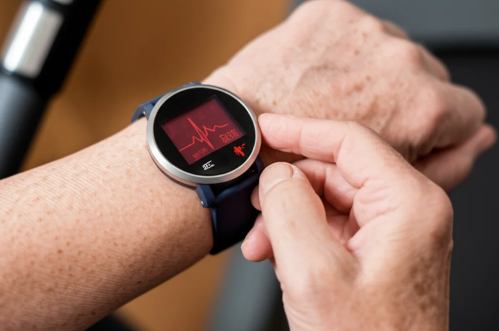 Primo piano di un cardiofrequenzimetro indossato al polso da una persona anziana durante una sessione di tapis roulant. Macro lens 100mm, alta dettaglio sul display che mostra il battito cardiaco, sfondo leggermente mosso per indicare movimento.