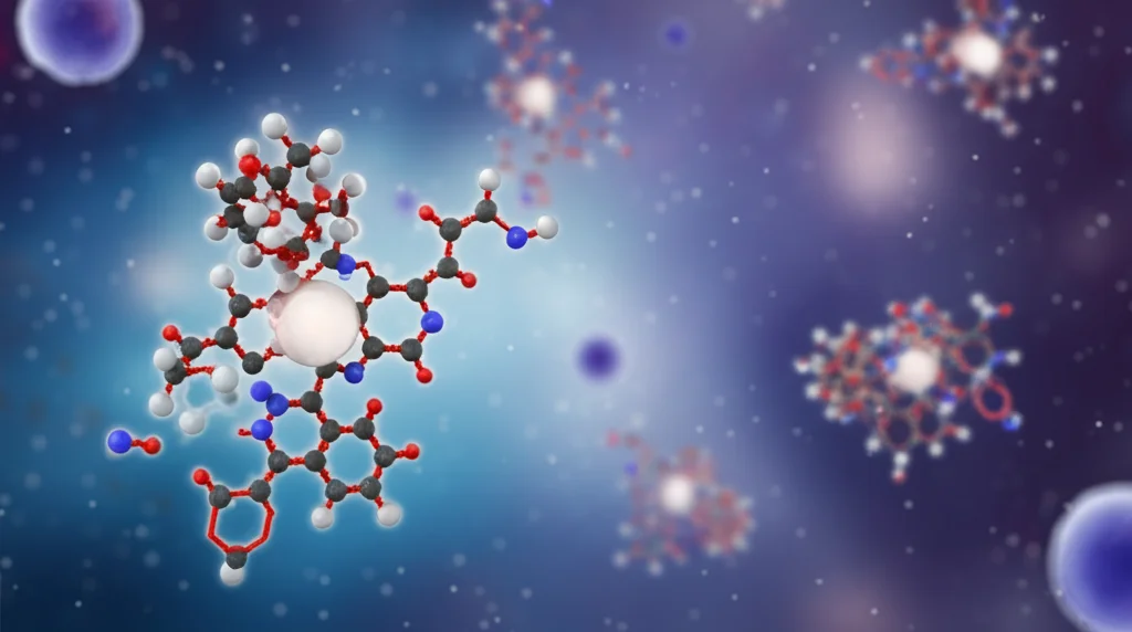 Illustrazione scientifica concettuale che mostra molecole di ftalidi dimeri che interagiscono con recettori cellulari per bloccare la produzione di NO (rappresentato come piccole sfere luminose). High detail, soft focus, sfondo astratto blu e viola.