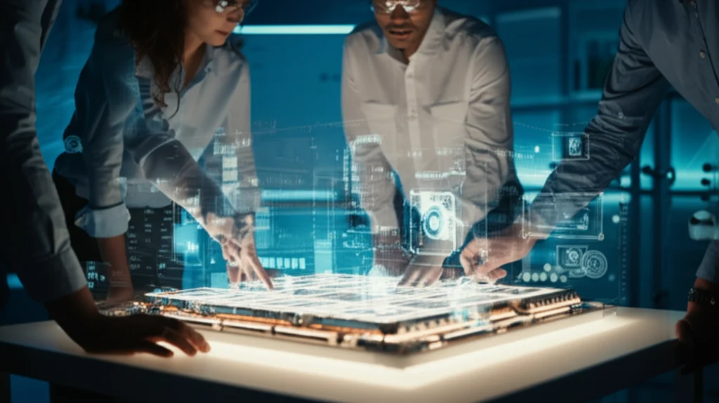 Team di ingegneri diversificato che collabora attorno a un tavolo luminoso, esaminando progetti olografici di un pacco batteria modulare. Obiettivo prime 35mm, profondità di campo per mantenere a fuoco il team e i progetti, atmosfera da laboratorio high-tech.