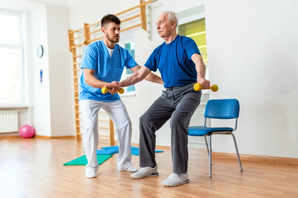 Fotografia realistica di un fisioterapista che guida un paziente anziano in esercizi di equilibrio e forza leggeri, come alzarsi da una sedia senza usare le mani (chair stand test), in una palestra di riabilitazione luminosa. Teleobiettivo zoom, 100mm, fast shutter speed per catturare il movimento, luce naturale.
