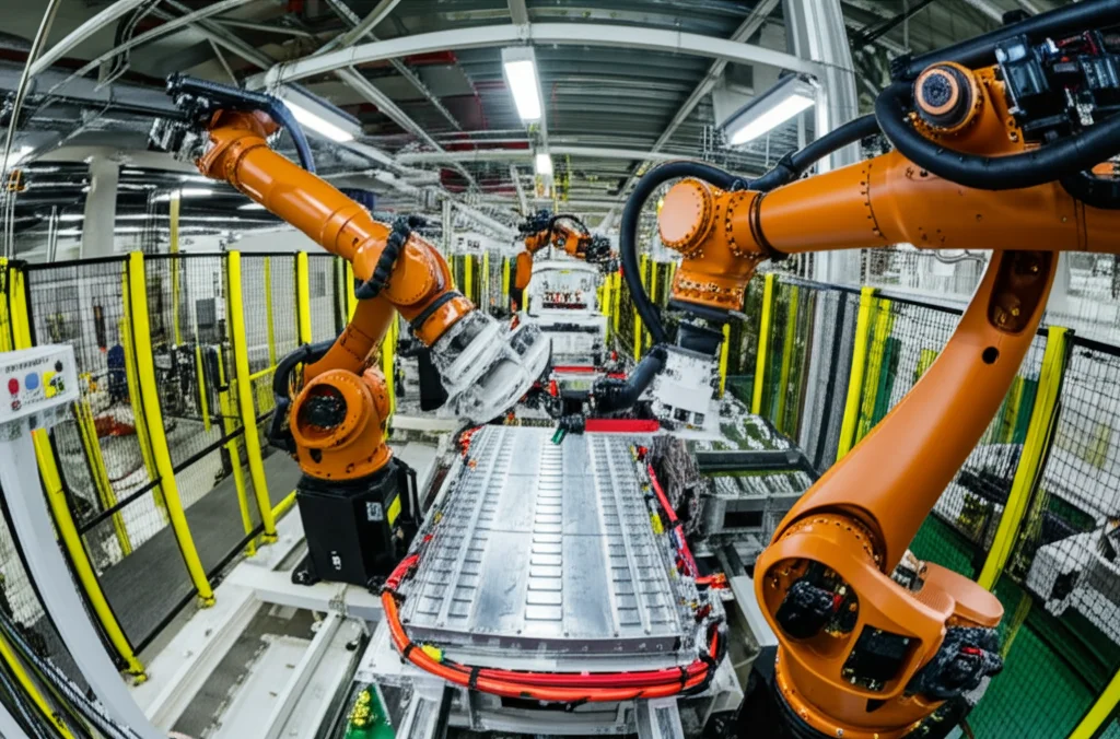 Vista grandangolare di una linea di produzione automobilistica futuristica con robot che assemblano pacchi batteria modulari su diversi telai di veicoli elettrici. Obiettivo grandangolare 15mm, lunga esposizione per creare scie luminose dai movimenti dei robot, focus nitido sull'assemblaggio.