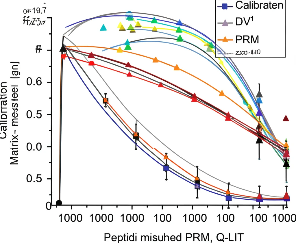 Grafico scientifico che mostra curve di calibrazione matrix-matched per peptidi misurati con PRM su Q-LIT. Linee colorate rappresentano diverse diluizioni, punti mostrano le misure sperimentali. Alta definizione, visualizzazione dati chiara.
