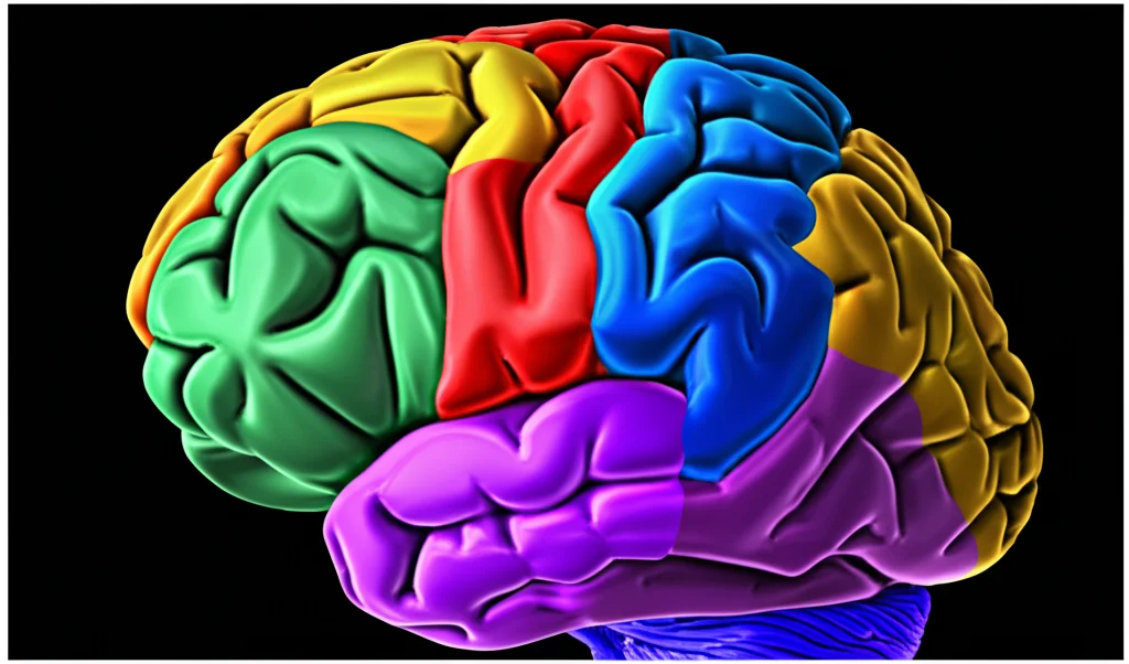 Visualizzazione 3D del cervello umano con diverse aree colorate che rappresentano le regioni analizzate nello studio (area motoria supplementare, giro frontale orbitale medio, nucleo caudato, precuneo, giro frontale superiore dorsolaterale). Immagine ad alto dettaglio, illuminazione controllata, stile scientifico ma visivamente accattivante, obiettivo macro 80mm.