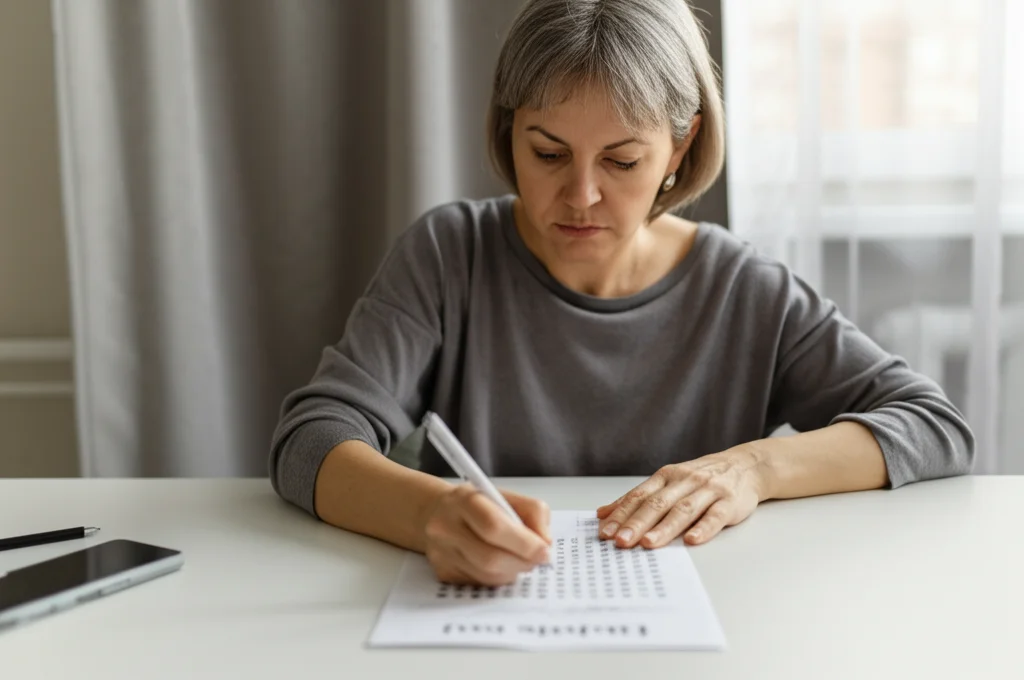 Fotografia di una donna di mezza età concentrata mentre esegue un test neuropsicologico tipo Digit Symbol Test (DST) su un foglio di carta. Stile documentaristico, obiettivo prime 50mm, luce naturale da finestra, profondità di campo media per mantenere a fuoco sia il viso che il test.