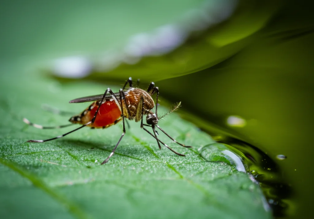 Primo piano macro di una zanzara Aedes caspius posata su una foglia verde vicino a una pozza d'acqua stagnante. Obiettivo macro 100mm, alta definizione dei dettagli dell'insetto, delle ali trasparenti e delle striature sul corpo, illuminazione naturale controllata che evidenzia le goccioline d'acqua sulla foglia.
