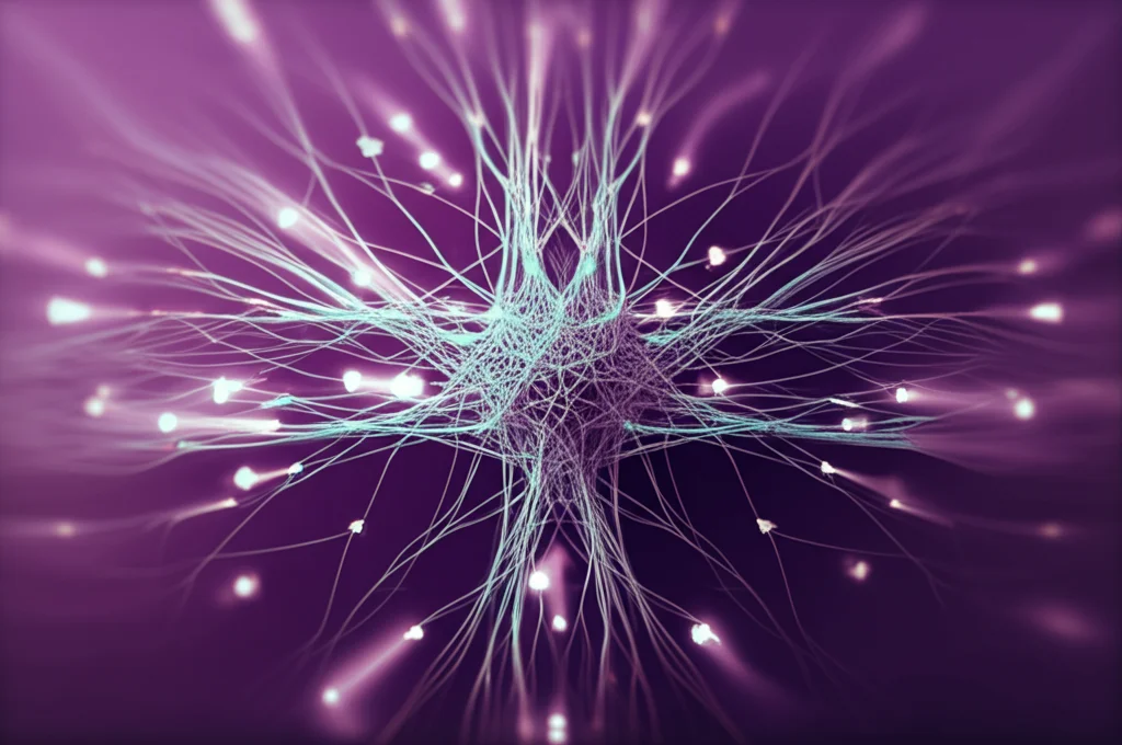 Visualizzazione astratta del concetto di ricostruzione dati da un modello di machine learning. Una rete neurale stilizzata al centro, con frecce luminose che puntano all'indietro verso dati frammentati o offuscati che vengono ricomposti. Illuminazione drammatica, profondità di campo, stile quasi film noir, duotono viola e ciano. Obiettivo 35mm.