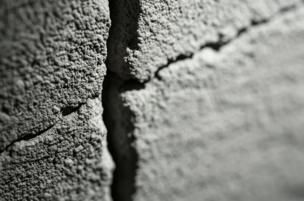 Dettaglio macro di una crepa su un muro di cemento grigio, illuminata lateralmente per enfatizzare la texture ruvida e la profondità della fessura. Macro lens, 105mm, high detail, precise focusing, controlled lighting. La crepa simboleggia le fragilità nascoste e le difficoltà nelle relazioni dei giovani adulti.