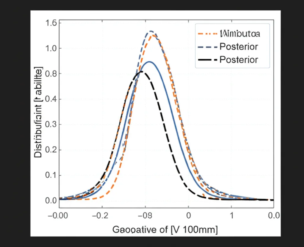 Grafico scientifico stilizzato che confronta distribuzioni di probabilità prior (linea tratteggiata) e posterior (linea continua) per un parametro specifico. Macro lens 100mm, alta definizione, illuminazione controllata per evidenziare le curve delle distribuzioni su uno sfondo scuro e minimalista. Focus preciso sulle curve.