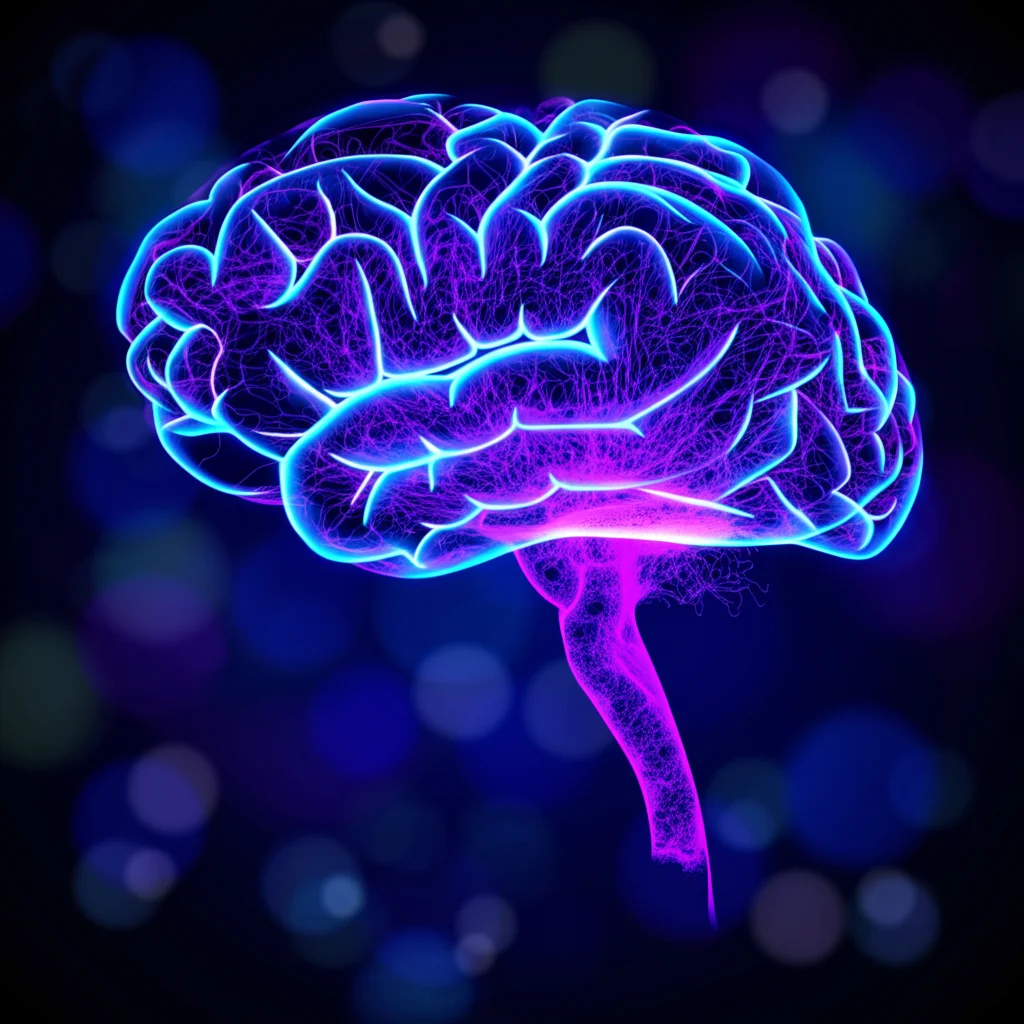 Immagine astratta che rappresenta connessioni neurali dinamiche e fluttuanti all'interno di una silhouette cerebrale. Utilizzo di colori vivaci (blu elettrico, magenta) su sfondo scuro per rappresentare la variabilità dell'attività (dfALFF, dReHo). Stile artistico ma basato su concetti scientifici, obiettivo 35mm, effetto bokeh sullo sfondo.