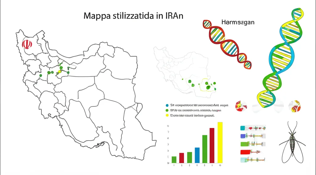 Mappa stilizzata dell'Iran che mostra le province dell'Azerbaijan Orientale (nord) e Hormozgan (sud) evidenziate. Punti colorati indicano i siti di campionamento delle zanzare Aedes caspius. Sovrapposta alla mappa, una rappresentazione grafica di eliche di DNA con segmenti colorati diversi a simboleggiare l'alta diversità genetica. Stile infografica scientifica, alta definizione.