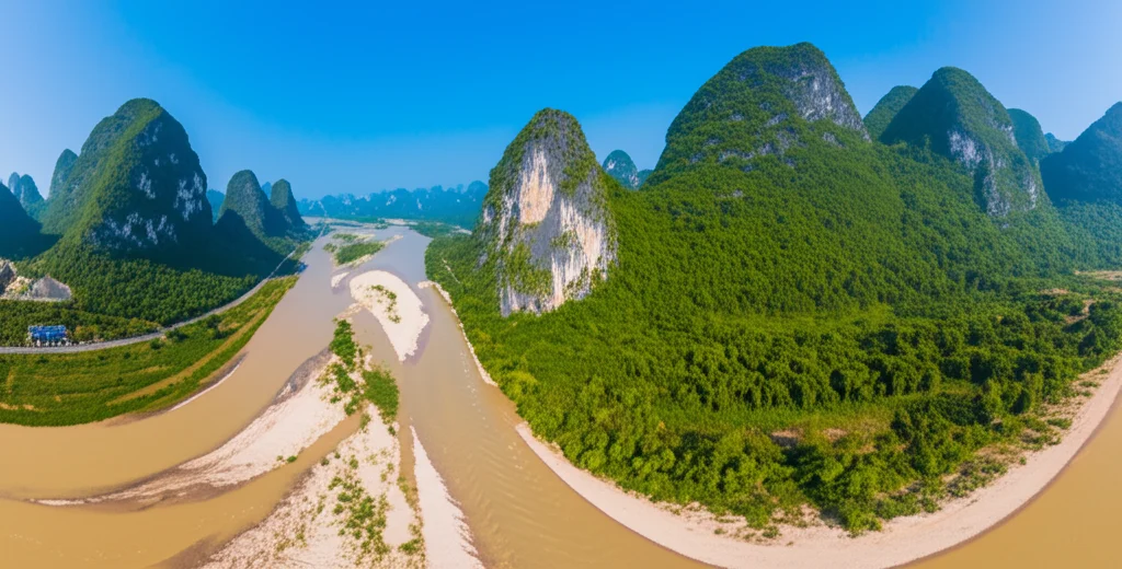 Veduta aerea del Fiume delle Perle in Cina, obiettivo grandangolare 15mm, che mostra la transizione da una regione montuosa con rocce carbonatiche esposte (color chiaro, calcare) a una regione con rocce silicate (color scuro), acqua del fiume leggermente torbida, luce solare intensa tipica della stagione umida, messa a fuoco nitida, esposizione lunga per acqua liscia.