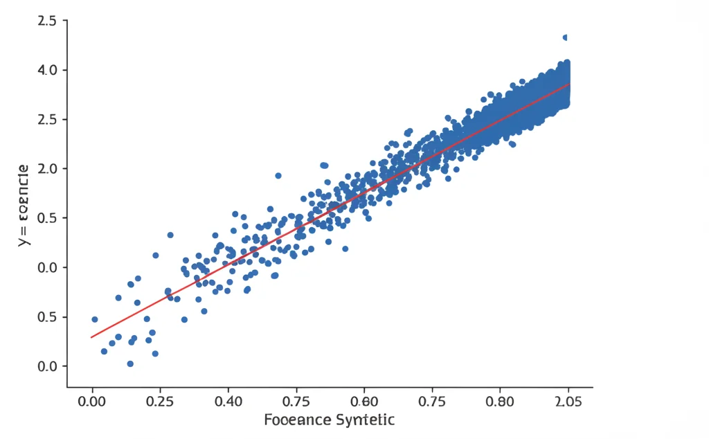 Grafico a dispersione fotorealistico che mostra una forte correlazione positiva tra l'accuratezza di un modello base (asse x) e un modello sintetico (asse y). Punti dati densamente raggruppati attorno alla linea diagonale y=x. Stile pulito, quasi infografica scientifica, ma con dettagli nitidi e illuminazione morbida. Obiettivo 50mm, messa a fuoco precisa sui punti dati.