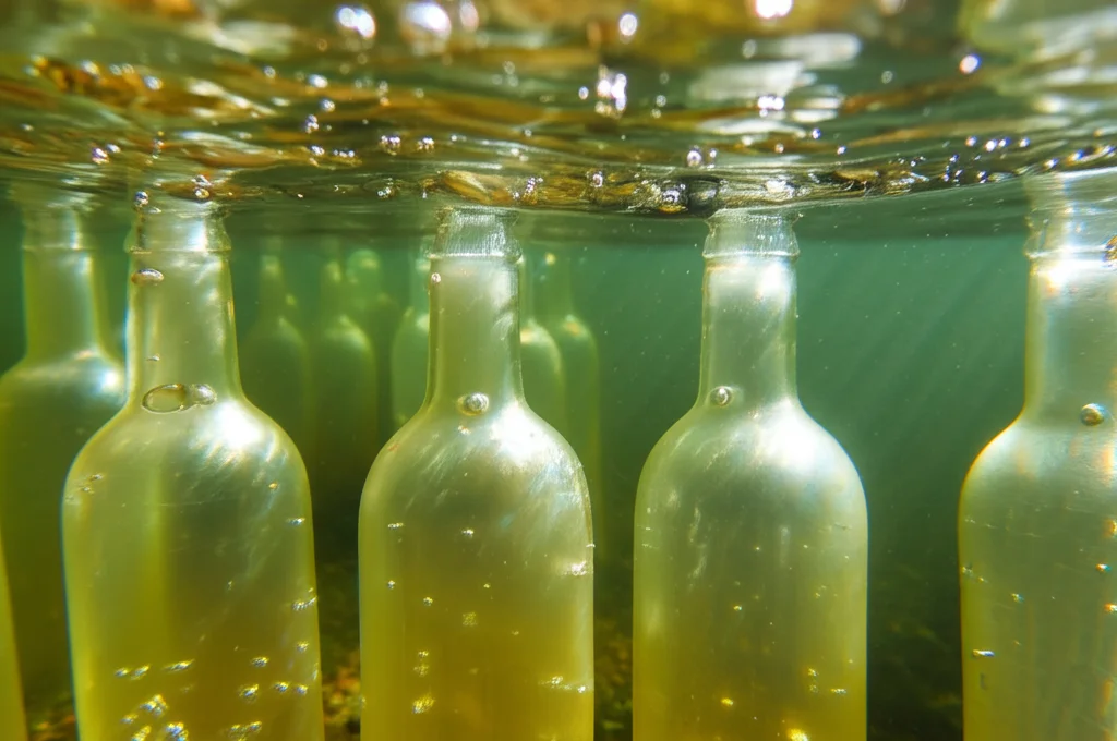 Primo piano di bottiglie di vetro trasparente per incubazione immerse appena sotto la superficie di un fiume limpido, obiettivo macro 90mm, bollicine d'aria visibili sulle bottiglie, luce solare che filtra attraverso l'acqua creando riflessi, alta definizione, messa a fuoco precisa sulle bottiglie, sfondo leggermente sfocato del letto del fiume.