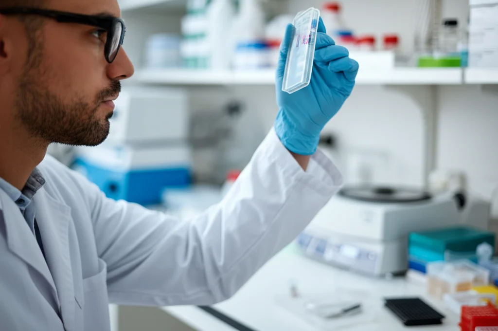 Ricercatore in un laboratorio di genetica che osserva una piastra di gel elettroforetico con bande di DNA illuminate da luce UV. Indossa camice bianco e guanti. Sullo sfondo, attrezzature da laboratorio come pipette e centrifughe. Obiettivo prime 35mm, profondità di campo ridotta che sfoca lo sfondo, illuminazione da laboratorio controllata.