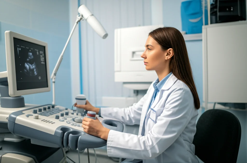 Ricercatrice in camice bianco che osserva attentamente un ecocardiogramma su uno schermo medico ad alta definizione, luce controllata, obiettivo prime 35mm, profondità di campo, ambiente clinico moderno e luminoso.