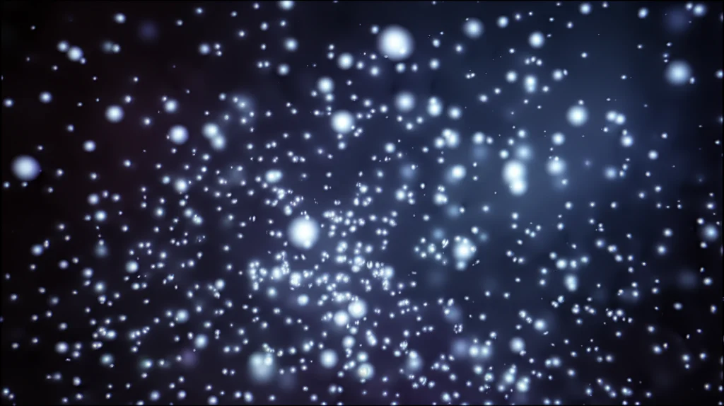Visualizzazione astratta del processo di campionamento MCMC. Particelle luminose che si muovono casualmente in uno spazio dei parametri multidimensionale astratto, convergendo lentamente verso una regione più densa (la distribuzione posterior). Effetto long exposure per tracciare i percorsi delle particelle, sfondo cosmico scuro. Obiettivo wide-angle 15mm, sharp focus sulla regione di convergenza.