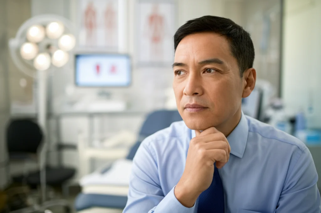 Ritratto fotografico di un uomo di mezza età di origine asiatica con espressione pensierosa, ambientato in una clinica neurologica moderna e luminosa. Obiettivo prime 35mm, profondità di campo ridotta per focalizzare sul soggetto, illuminazione morbida e naturale.