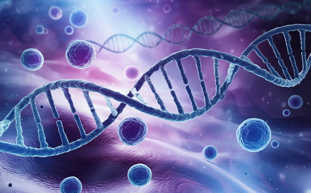 Visualizzazione 3D astratta di microRNA (miRNA) circolanti nel flusso sanguigno vicino a cellule cardiache stilizzate, stile macro 90mm, alta definizione, illuminazione drammatica interna, colori blu elettrico e viola duotone, effetto profondità.