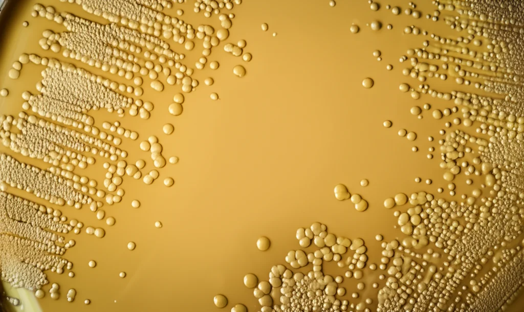 Immagine macro di cellule di lievito Meyerozyma guilliermondii su un terreno di coltura in una piastra di Petri, vista con obiettivo macro 100mm, alta definizione, illuminazione da laboratorio controllata.