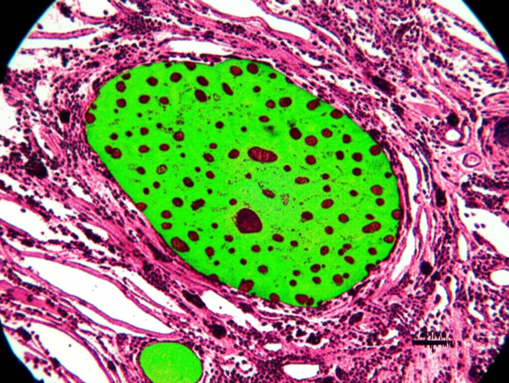 Microscopia a luce polarizzata di una biopsia nervosa colorata con Rosso Congo, che mostra depositi di amiloide di un brillante colore verde mela su sfondo scuro. Lente macro 100mm, alta definizione, illuminazione specifica per polarizzazione.