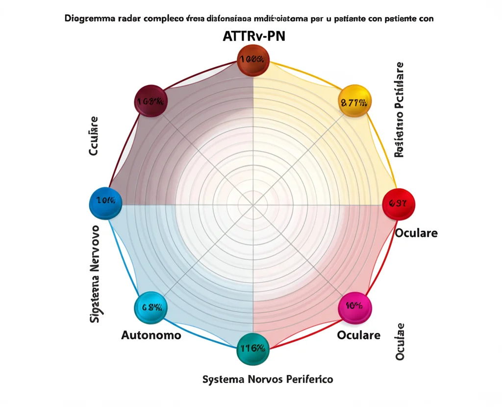 Diagramma radar complesso che mostra il punteggio di disfunzione multi-sistema per un paziente con ATTRv-PN, con assi che rappresentano il sistema nervoso periferico, autonomo, cardiaco, renale e oculare. Grafica chiara e colorata su sfondo bianco, stile infografica medica.