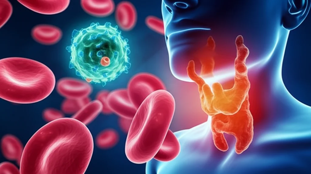 Macro fotografia, 90mm lens, di cellule del sangue umane con alcune cellule sottilmente alterate/luminose che rappresentano le mutazioni CHIP, giustapposte a un'illustrazione stilizzata di una ghiandola tiroidea leggermente infiammata sullo sfondo, alto dettaglio, illuminazione controllata.