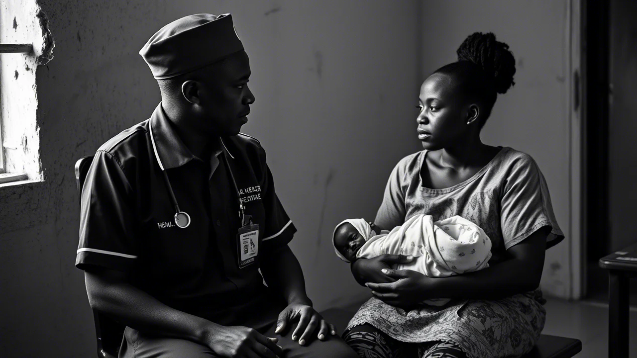 Fotografia ritratto in bianco e nero stile 'film noir' di un'operatrice sanitaria ghanese in uniforme che parla con una giovane madre che tiene in braccio il suo neonato avvolto. Sono sedute in una semplice stanza di clinica, luce naturale da una finestra laterale, profondità di campo ridotta, obiettivo 50mm.